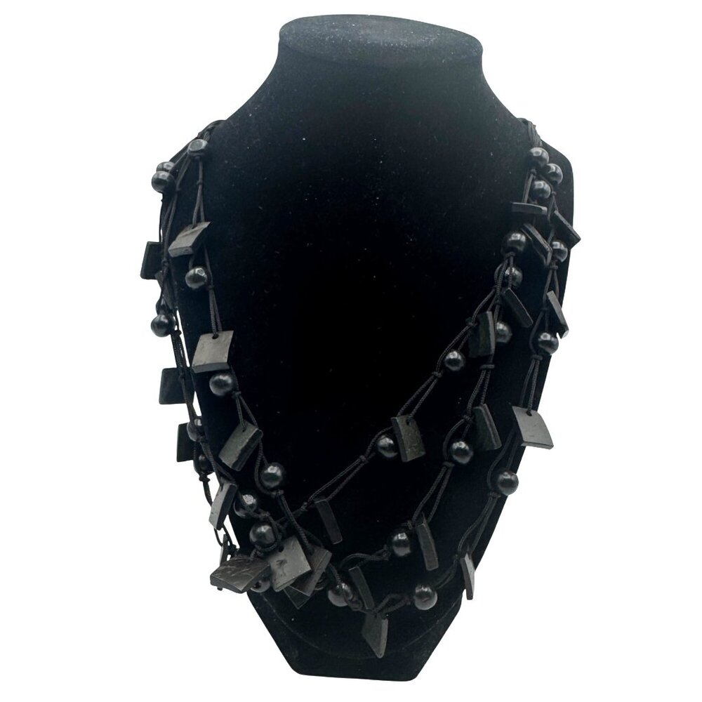 Multi-Strand Black Round and Square Bead Necklace Lightweight Cord